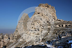 The castle in Cappadocia at the sunny day
