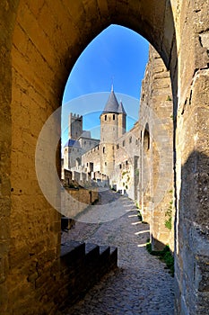 Castle of Carcassonne through an arch, France