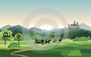 Castle, carriage, knight. Mountains Landscape. Rural background