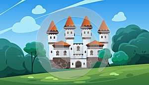 Castle. Cartoon landscape with medieval stronghold and forest. Scenic view of fortified building. European architecture