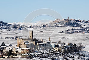 Castle of Castiglion Falletto with snow, Piedmont - Italy