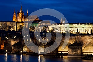 Castle and Charles Bridge by night in Prague