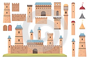 Castle constructor. Medieval architecture elements, towers with flags, walls and doors. Old historical bastion building