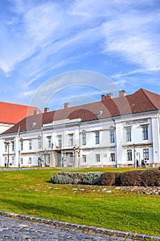 Castle district in Budapest, Hungary. Sandor Palace building, the seat of the Hungarian president, in the background. Buda Castle