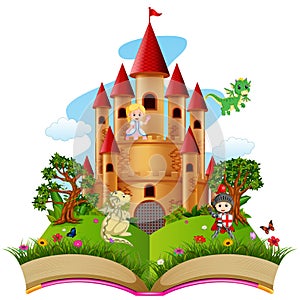 Castle with dragon and a knight in the storybook