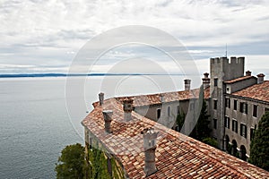 The castle of Duino and view of Gulf of Trieste. Italy