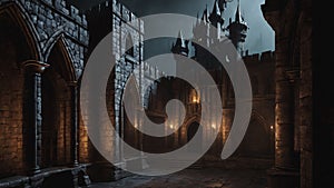 Castle dungeon, Gothic setting with candles, dark and creepy background, fantasy game.