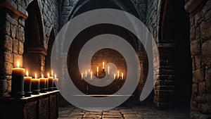 Castle dungeon, Gothic setting with candles, dark and creepy background, fantasy game.