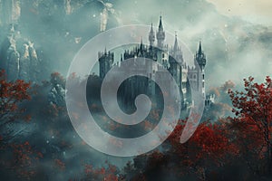 A castle emerges mysteriously in the midst of a foggy forest, creating an ethereal ambiance, Gothic castle hidden in the chill