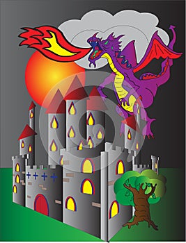 Castle and fire breathing dragon