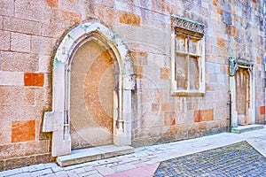 Castle Garden Bazaar with medieval door frame and windows, Budapest, Hungary
