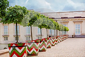 Castle gardens in front of Royal Castle in Warsaw, saxon facade Poland. Landscape design, park with shrubs and green lawns