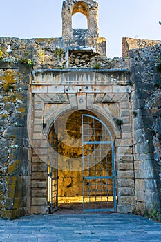 Castle gate of Assos village castle in Kefalonia island in Greece.