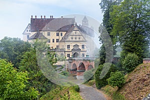 Castle of Heiligenberg in mist, Linzgau, Germany. This Renaissance castle is a landmark of Baden-Wurttemberg