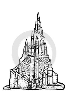 Castle with high towers - hand drawn - vector illustration