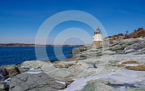 Castle Hill Lighthouse in  Newport Rhode Island at winter, USA