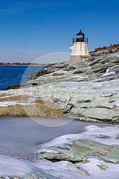 Castle Hill Lighthouse in Newport Rhode Island at winter, USA