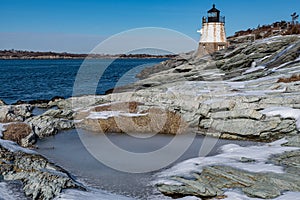 Castle Hill Lighthouse in Newport Rhode Island at winter, USA