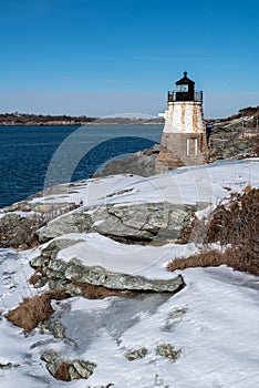 Castle Hill Lighthouse in Newport Rhode Island at winter, USA