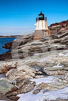 Castle Hill Lighthouse in Newport Rhode Island at winter, USA.