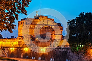 Castle of the Holy Angel (Castel Sant\'Angelo) at night in Rome, Italy