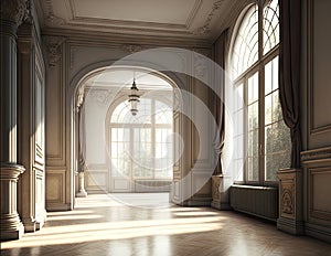 Castle Interiors, Empty Victorian Hall, Luxury Hotel Lobby, Royal Villa Abstract Generative AI Illustration