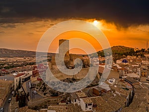 Aerial view of Banyeres castle near Valencia in Spain with keep rising on top of the town photo