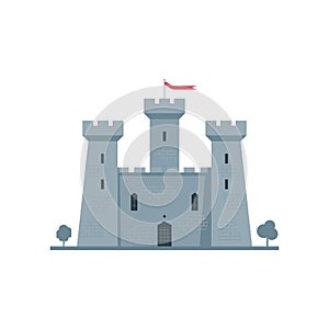 Castle is isolated on a white background. Fortress with a flag. Flat vector illustration