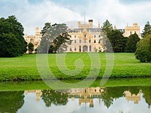 Castle lake, Dyje river and popular Lednice castle in the large park