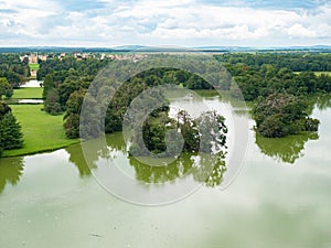 Castle lake, Dyje river and popular Lednice castle in the large park