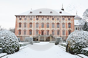 Castle Libochovice surrounded by snow