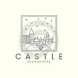 castle with line and emblem style logo icon template design. dream, fantasy, world, star, moon vector illustration