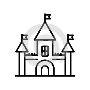 Castle line icon. Kingdom tower fantasy gothic architecture building silhouette. Medieval fortress palace. Royal old