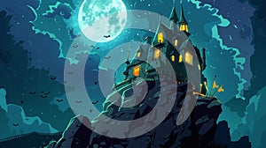 The castle looks creepy at night, haunted by bats flying through the night sky. Fantasy Dracula home with pointed tower