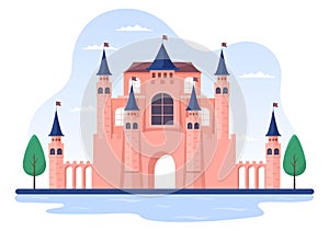 Castle with Majestic Palace Architecture and Fairytale Like Forest Scenery in Cartoon Flat Style Illustration