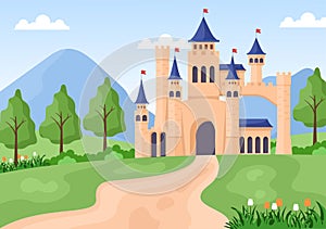 Castle with Majestic Palace Architecture and Fairytale Like Forest Scenery in Cartoon Flat Style Illustration