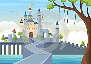 Castle with Majestic Palace Architecture and Fairytale Like Forest Scenery in Cartoon Flat Style Illustration