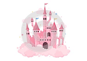 Castle with Majestic Palace Architecture and Fairytale Like Scenery in Cartoon Flat Style Illustration