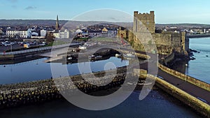 Castle and marina in Carrickfergus near Belfast, Northern Ireland, UK