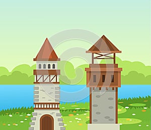 Castle medieval tower. The fairytale medieval tower,princess castle, fortified palace with gates, medieval buildings, historical