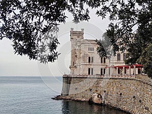 Castle Miramare on the clif in Italy.