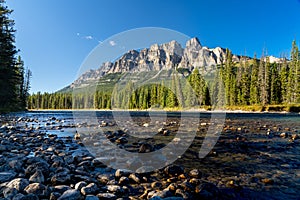 Castle Mountain and Bow River in summer sunny day. Castle Mountain viewpoint. Banff National Park