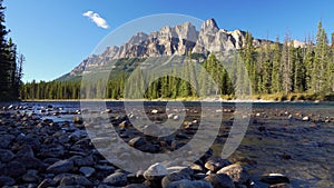 Castle Mountain and Bow River in summer sunny day. Castle Mountain viewpoint. Banff National Park