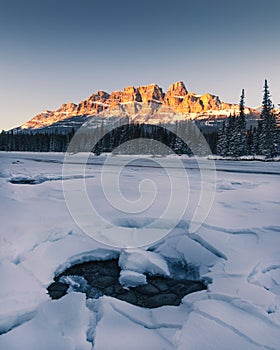 Winter sunset at Castle Mountain, Banff National Park, Travel Alberta, Radium Hot Springs, Canada,Canadian Rockies,Rocky Mountains