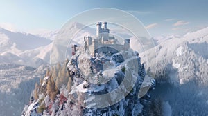 Castle on mountain top in winter, landscape with old citadel in forest, generative AI