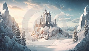 Castle on mountain top in winter, landscape with old citadel in forest, generative AI