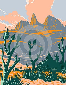 Castle Mountains National Monument located in the Mojave Desert and San Bernardino County California WPA Poster Art photo