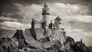 castle in the night black and white photo of A fantasy lighthouse in a medieval castle,