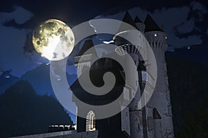 Castle at Night in the Mountains 3D render