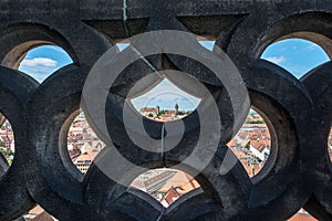 The castle of Nuremberg seen through a stone wall as a frame on